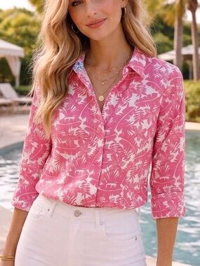 Foxcroft Wrinkle Free Pink White Botanical Bailey 3/4 Sleeve Blouse Sz 2 NWT $89